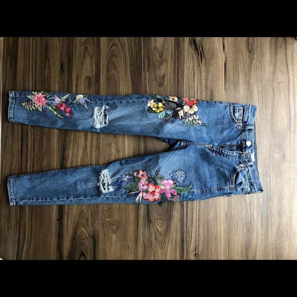 Topshop Floral Embroidered Skinny Jeans - Blue